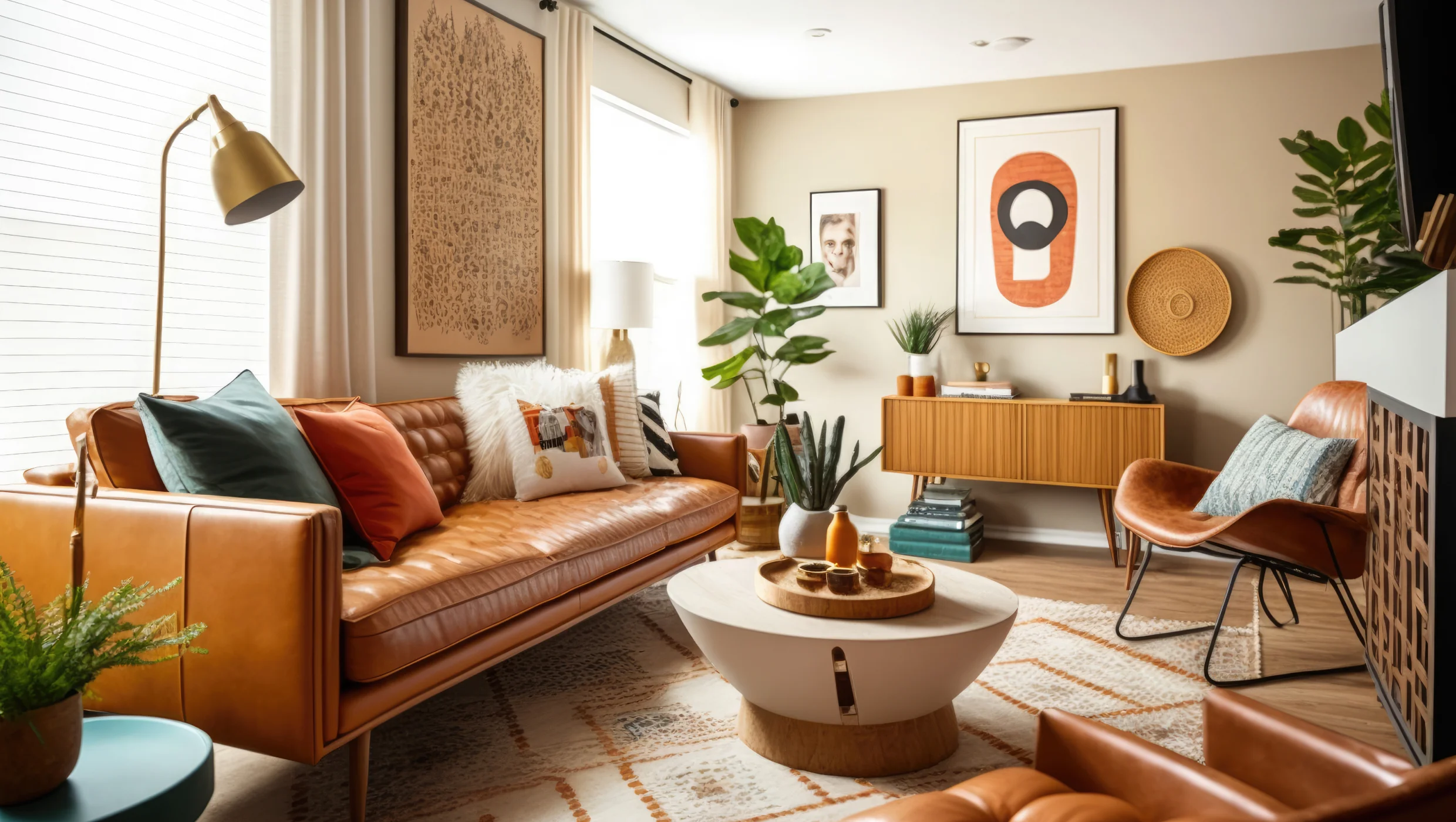A living room filled with furniture and a large window.