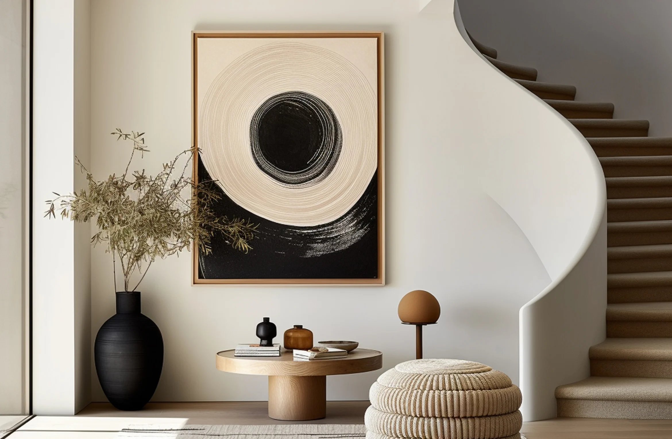 A picture of a spiral staircase in a living room.